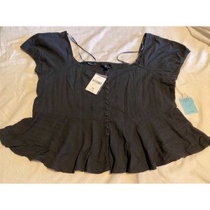 Black peasant top, peplum style with cap sleeves